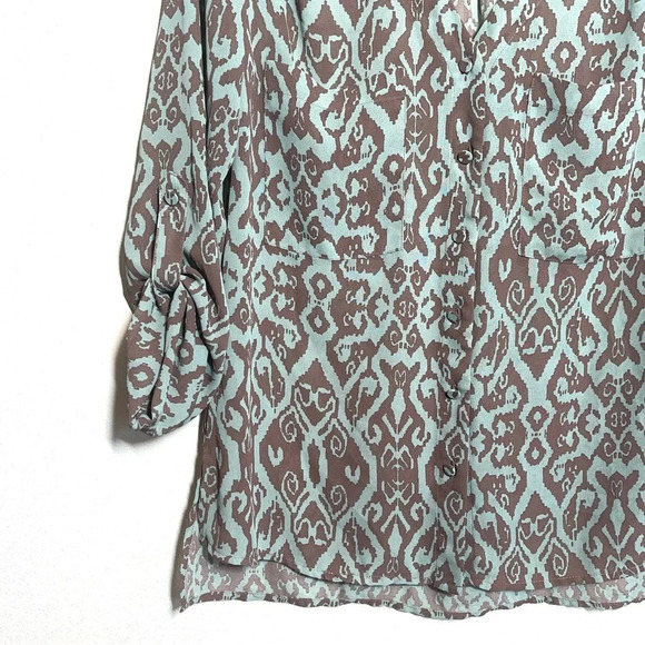 BKE Buckle Mint Green & Brown Boho Printed Semi-sheer Blouse Medium Women’s - Picture 4 of 9